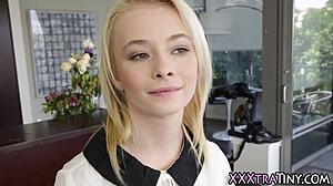 tiny blonde teen gives handjob and blowjob for cumshot