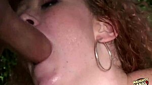 the redhead slut fucks outdoors in a threesome and gets double penetration with anal fucking blowjob