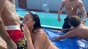 Amateurs indulge in public pool fuckfest with big cocks and natural tits.