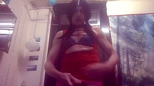 tranny rides that big black dildo hard, moaning as she masturbates with monster cock until cumming