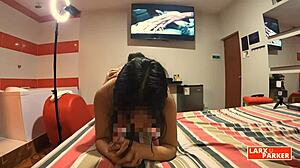 In the room casting, Perla moans as she gets her pussy licked in doggystyle and enjoys the spanking