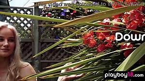 skinny blonde teen roxy shaw strips naked outdoor, watering her tiny tits in softcore scene