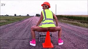 Sam Zee plays outdoors with big toys in her ass