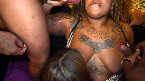 Hot Ebony Girl Drains the Essence from Three Guys at Once with Amazing Skills