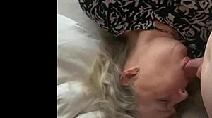 Chubby milf wife in POV blowjob swallows cum and orgasms.
