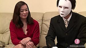 Yoko performs netorare av with husband, riding and fingering for orgasm.