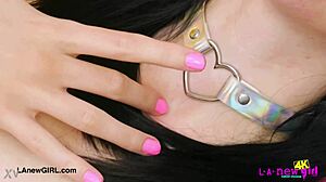 Sweet brunette babe displays her attractive body.