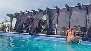 Latina cousin without swimsuit at the pool