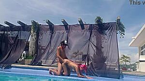 Latina cousin without swimsuit at the pool