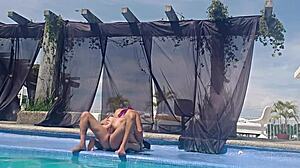 Latina cousin without swimsuit at the pool