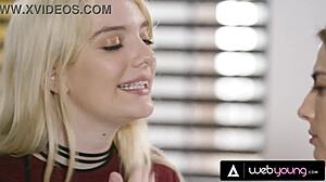 Conflicted teen Kristen Scott explores her sexuality with petite blonde Kenna James in scissoring and muff diving!