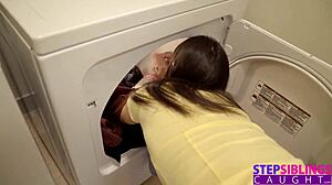 Step sisters bend over in ripped yoga pants for pov blowjob and cumshot