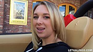 busty blonde babe gets picked up for porn interview and blowjob?