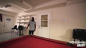 White BBW Gags on Black Cock Bent Over Pool Table