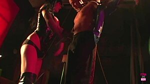 A sultry brunette vixen binds her man in latex and heels then rides him to explosive cumshot