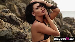 Skinny naked Canadian muse Kristie Taylor spreads legs on rocks