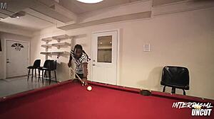 White BBW Gags on Black Cock Bent Over Pool Table