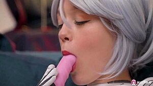 why is hot horny eva barbie playing with dildo naked on couch?