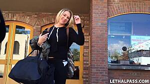 busty blonde babe gets picked up for porn interview and blowjob?