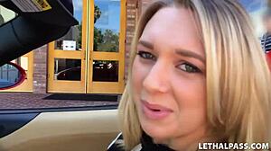 busty blonde babe gets picked up for porn interview and blowjob?