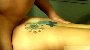 Tattooed babe in couple fuck receives cumshot from friend after hardcore session