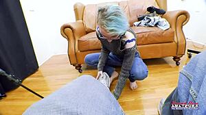 Exotic skinny coed raven finger fucks her pussy and sucks cock 😍