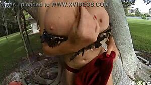 Nikki Benz masturbates in heels outdoors boldly