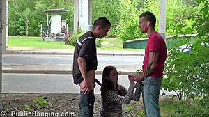 skinny 18 year old girl joins public street threesome with two guys