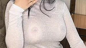 Latina with big tits plays with her huge dildo and fingers for solo masturbation