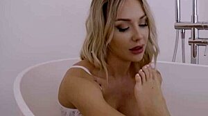 petite french brunette having steamy bath sex with busty blonde stepsister, muff diving and licking tits.