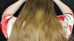 i came on my stepmom's long hair and she didn't mind. close up of the taboo cumshot.