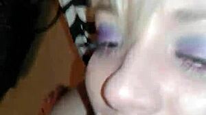 Blow job girlfriend sucking amateurs friend homemade close up.