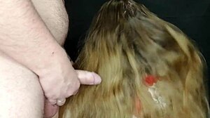 i came on my stepmom's long hair and she didn't mind. close up of the taboo cumshot.