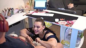 Naughty secretary sucks boss off while on zoom meeting, cum in mouth 😏.