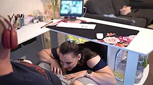 Naughty secretary sucks boss off while on zoom meeting, cum in mouth 😏.