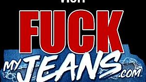 My girlfriend in jeans gives me anniversary blowjob then takes it rough in her tight ass