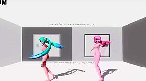 hatsune miku and luka dance nude in world end dancehall, big tits and ass on display