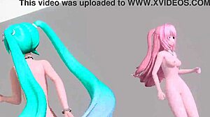 hatsune miku and luka dance nude in world end dancehall, big tits and ass on display
