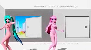 hatsune miku and luka dance nude in world end dancehall, big tits and ass on display