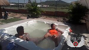 Public sex with my lover in the jacuzzi of my in-laws house blowjob doggy fuck and more i get naked showing off and enjoying bareback sex outdoors 😍