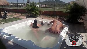 Public sex with my lover in the jacuzzi of my in-laws house blowjob doggy fuck and more i get naked showing off and enjoying bareback sex outdoors 😍