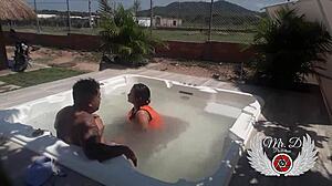 Public sex with my lover in the jacuzzi of my in-laws house blowjob doggy fuck and more i get naked showing off and enjoying bareback sex outdoors 😍