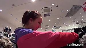 Czech nympho seduced in shop for pov blowjob.