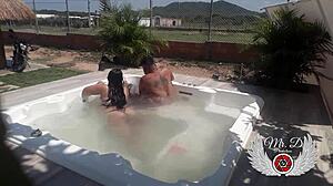 Public sex with my lover in the jacuzzi of my in-laws house blowjob doggy fuck and more i get naked showing off and enjoying bareback sex outdoors 😍