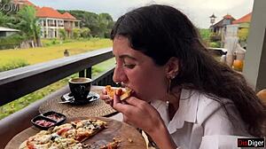 Girl Walks With Cum On Face In Cafe, Eats Pizza And Swallows Cum