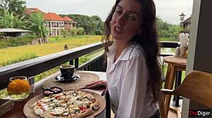 Girl Walks With Cum On Face In Cafe, Eats Pizza And Swallows Cum