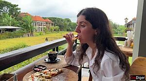 Girl Walks With Cum On Face In Cafe, Eats Pizza And Swallows Cum