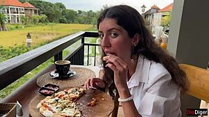 Girl Walks With Cum On Face In Cafe, Eats Pizza And Swallows Cum