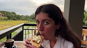 Girl Walks With Cum On Face In Cafe, Eats Pizza And Swallows Cum