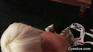 Nasty centerfold bombshell in blowbang getting facial bukkake and swallowing all the jizz.